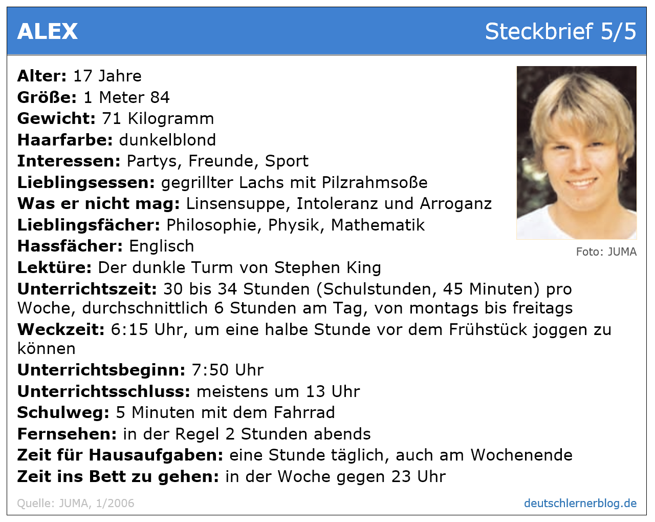 Steckbrief Junge 17 - Übung zum Leseverstehen Deutsch B 1