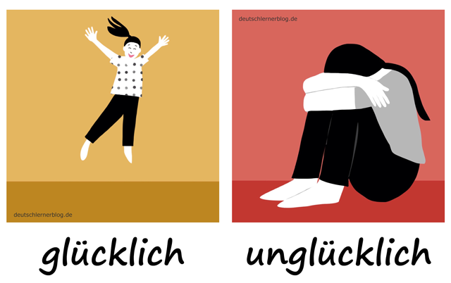 glücklich - unglücklich - Adjektive - Deutsch Adjektive - deutsche Adjektive - Adjektive Deutsch - Adjektive Übungen - Wortschatz Deutsch - Adjektive Bilder - Adjektive mit Bildern